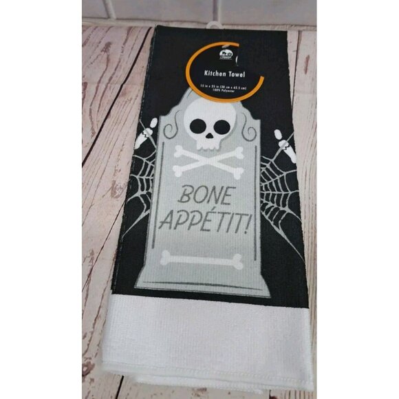 4pc Halloween Spooky Skeleton Spider Web Tombstone Pot Holders, Oven Mitt, Towel - Picture 2 of 7